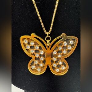 Butterfly pendant necklace tortoise rhinestones